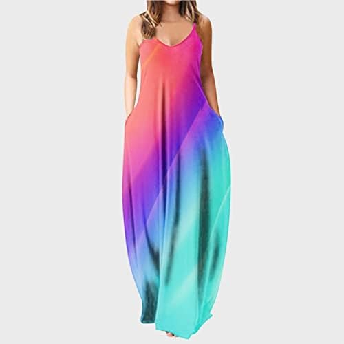 Zervoba Ljetne haljine za žene 2022 Trendi Colorblock Maxi haljine seksi v izrez špagete kaiš plaže sa džepovima