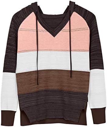 ZEFOTIM ženski pleteni džemper s prugama lagani blok u boji duksevi dugi rukavi s kapuljačom rastezljivi Casual pulover