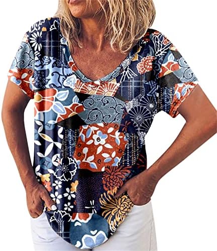 Vježbe Majice Žene Paket Žene Vintage Print Tops Shirt Tunika V-Izrez Top Kratki Rukav Shirt Labave Tops Fashion