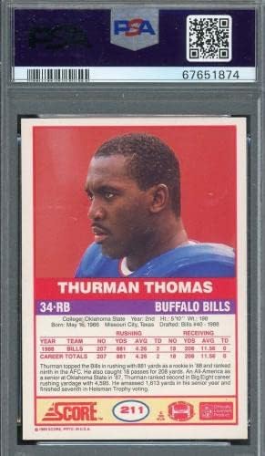 Thurman Thomas 1989 Score Fudbal potpisan rookie karticu 211 Automatski ocenjeni PSA 10 - Nogometne ploče sa autogramiranim rookie