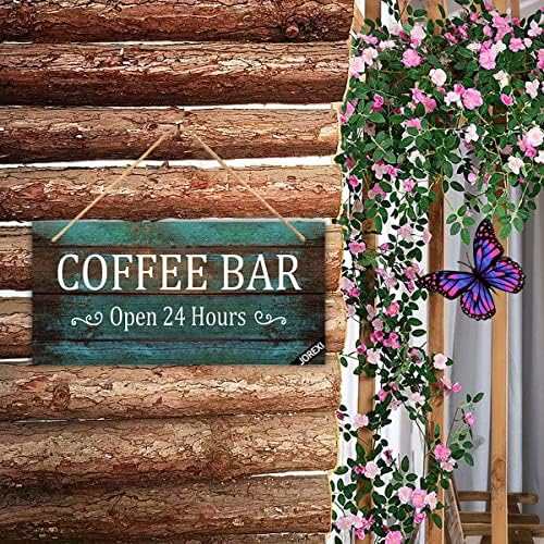 Kafe bar otvoren 24 sata drvena ploča, znak za kafu, zidni znak, kafe bar, seoska kafe bar viseći znak 11.8x5,9 inča