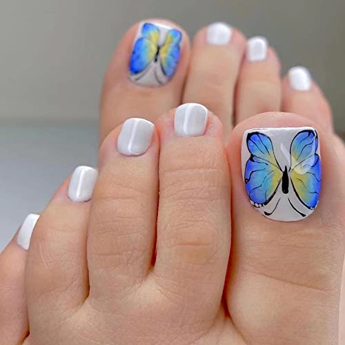 Pritisnite na nokte na nogama lažni nokti na nogama Plavi Leptir kratki kvadratni bijeli presa na noktima modni lažni nokti na nogama