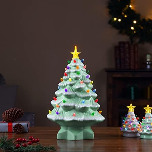 G. Božićne nostalgične keramičke božićne drvce sa LED svjetlima Unutarnji ukras, 14 inča, bijeli