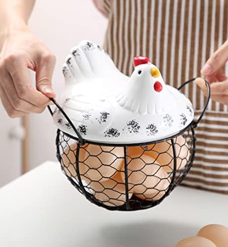 Korpa za pileća jaja, žičana korpa za pileća jaja sa keramičkim poklopcem za piletinu i ručkama dekorativna seoska kuća slatka posuda