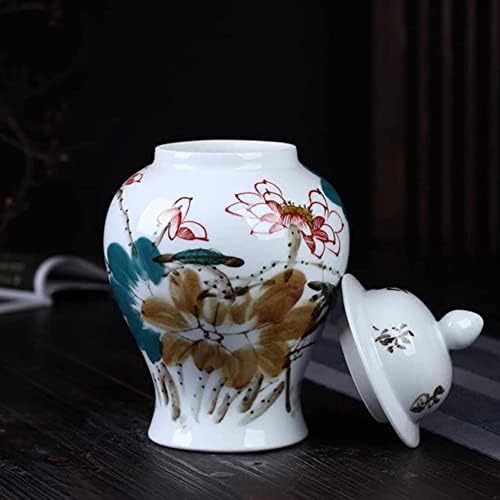 CNPraz Keramička vaza đumbir Jars cvjetni lotos uzorak s poklopcem za uređenje doma za dnevni boravak, hram jar kineski porcelanski poklon, mali sto