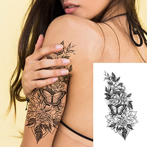32pcs crni ruža cvijeća privremena naljepnica za tetovaže za žene, višestruki cvjetni uzorak dizajnira