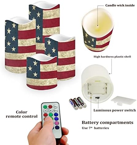 Howilath Američka zastava za bejzbol uzorak 4 Pakovanje električnih lažnih LED treperećih svijeća s daljinskim i 18 tasterima, 4h