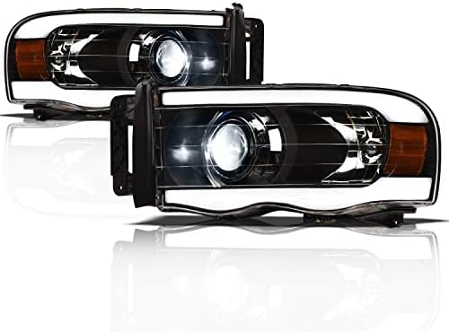 Alpha sove 8711156 Full LED projektor farovi sa bijelom LED svjetlosnom trakom - Crni Amber odgovara 2002-2005 Dodge Ram 1500/2003-2005