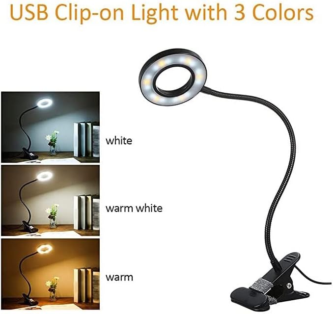 Ylyajy Reading Light USB lampica sa 3 modusa boja Gooseoneck Clip Svjetlo za desknu košulju
