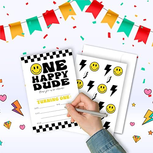 20 setova Preppy Smiley Face Jedan sretan Đute 1. rođendana pozivnice poziva s kovertama, retro munja pozivnica pozivnice za dječake