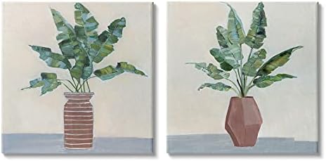 Stupell Industries Green Palm Frond biljke Brown Jars Still Life, dizajn Sally Swatland Platno Zidna umjetnost, 2pc, svaki 24 x 24