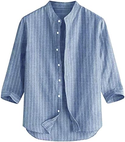 Muške 3/4 rukava majice pamučna posteljina prugasta štand košulja kralježnice casual labave fit ljetne majice na plaži vrhovi