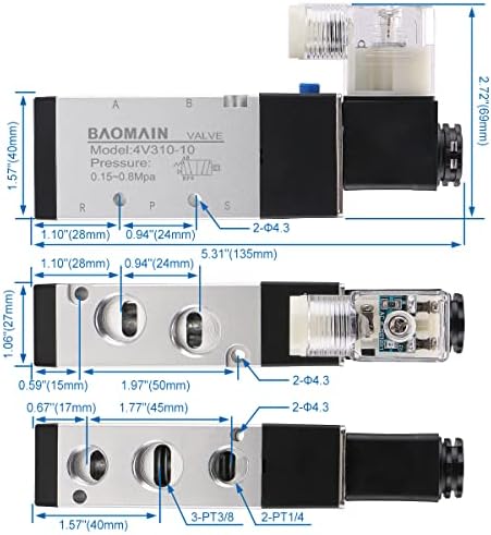 Baomain Pneumatski elektromagnetni vazdušni ventil 4V310-10 DC 24V 5 Way 2 Position PT 3/8 interno pilotirani tip Jednostruka električna kontrola