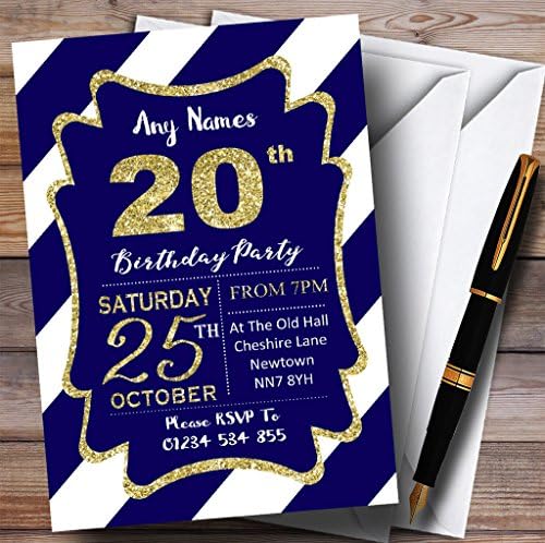 The Card Zoološki vrt plavi bijeli dijagonalni pruga zlatni 20. personalizirani rođendanski pozivnici
