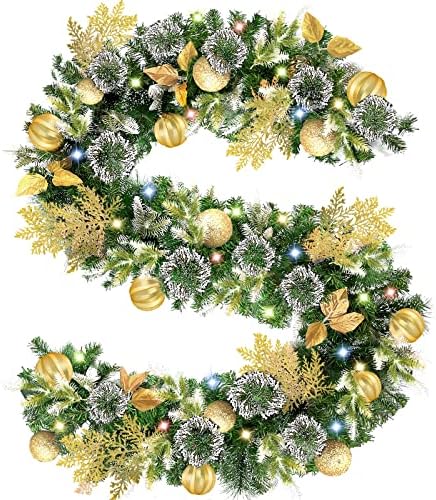 [Timer & 8 Modesi] Gold Božićni vijenac 100 šarenih svjetala 16 Zlatne loptice 6 Cypress lišće debelo 300 Snježne čekinje 15 Tipovi