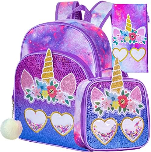 Zlyert 3kom ruksak za djevojčice, Bookbag sa šljokicama jednorog za osnovce predškolskog uzrasta, 16 Dječiji ruksaci sa kutijom za