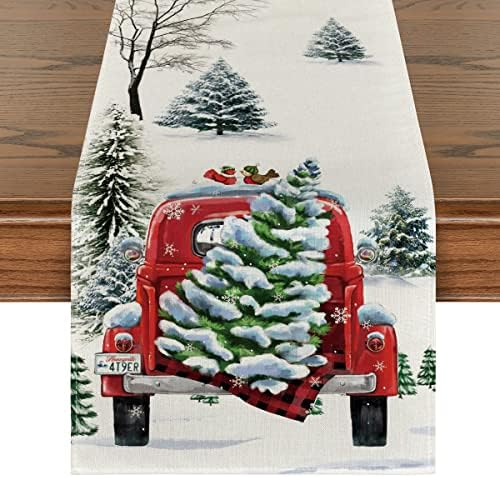 Artoid Mode Waterlor Snow Tree Truck Božićni trkač stola, Sezonski zimski Božić Holiday Kitchen trpezarijski sto dekoracija za unutrašnji
