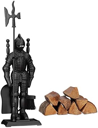 Relaxdays moderna livena vatrogasna pegla Knight, 4-dijelni komplet za kamin sa lopatom, metlom, Žaračem i stalkom, 72 x 21 x 12,5