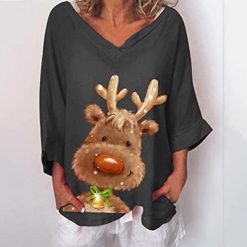 Ružan Božić Tops za žene slatka snjegović Elk Print Casual labave duge rukave V vrat majice pulover džemper Tee bluza