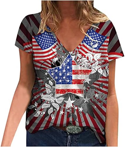 Amikadom Ženske košulje s kratkim rukavima USA zastava Star Bluuses Thirts Plunging Decline Sweetheart izrez Lounge majice HU
