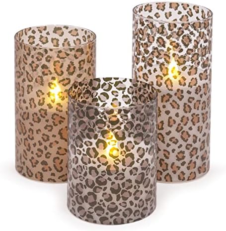 Divlji leopard životinjski print Belled LED stakleni stup svijeće, set od 3, 6 inča