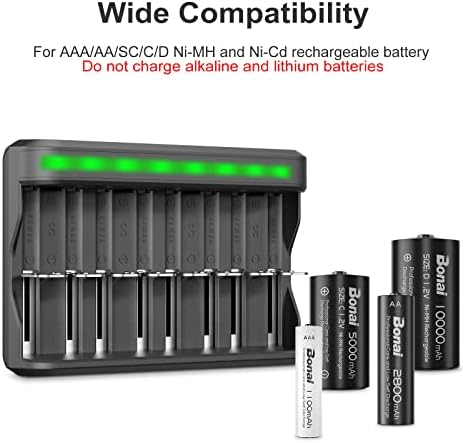Bonai AA AAA C D punjač za baterije, USB punjenje velike brzine, neovisni utor, 8 uvala Kućni punjač za baterije za NI-MH Ni-CD punjive