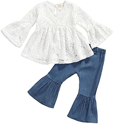 Nanyknighty Toddler Baby Girl Outfit Hert Girl Solid Odjeća Čipka za čipku Top Flare Bell-dno 2pcs