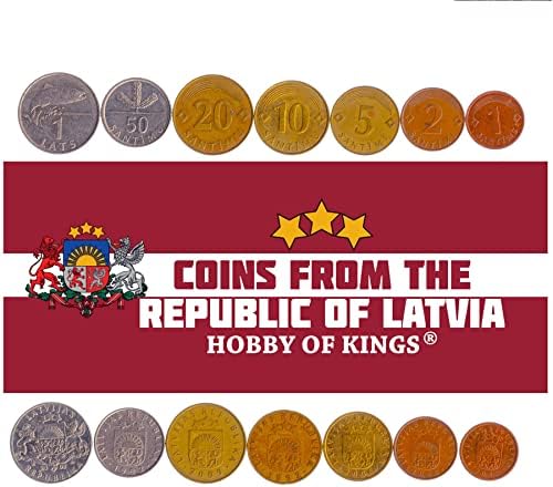 8 novčića iz Letonije | Latvijska kolekcija kovanica 1 2 5 10 20 50 Santimu 1 2 Lati | Cirkulirano 1992-2009 | Krava | Losos | Lav