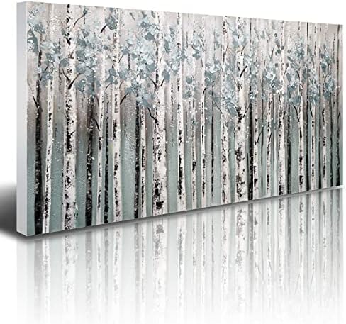 Veliki zid od breze Umjetnost ručno oslikana apstraktna šumska pejzažna uljana slika na platnu tekstura 24x48, Teal Bijela stabla