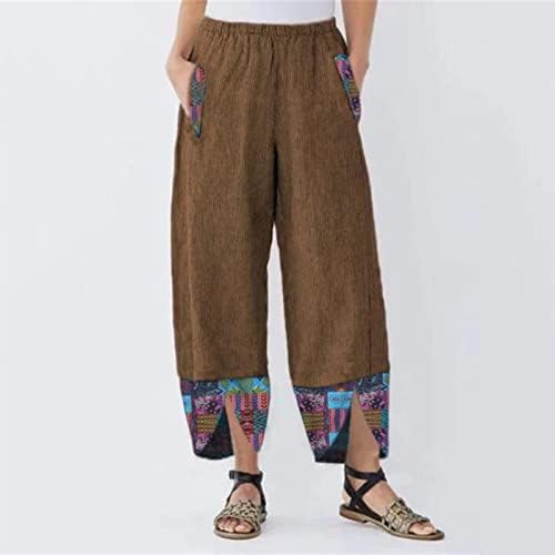 Pamučne lanene hlače za žene Ležerne ljetne kapri hlače s džepovima s visokim strukom udobne hlače na plaži Vintage Harem hlače