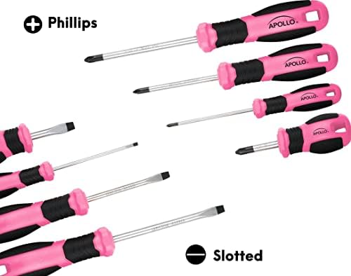Apollo Tools Pink 8 komad Essential odvijač Set Phillips i prorezima sa magnetnim vrhovima i neklizajuće komforne ručke. Uključuje