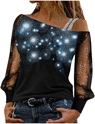 Žene modne majice s dugim rukavima s ramena na vratu na ramenima Šareni ispisani pulover Sheer casual bluze proljeće