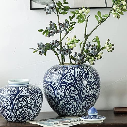 CNPraz Plava i bijela keramička vaza đumbir jar sa poklopcem za kućni dekor, hram jar vaze Tradicionalni porculan sušeni cvjetni vaze