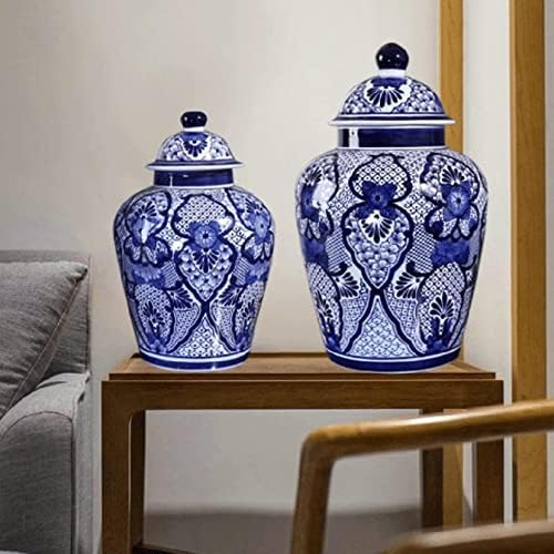 CNPraz chinoiserie keramički đumbir jar sa poklopcem, plavim i bijelim porculanskim vazama, vintage cvjetni ukrasni trzaj veliki hram