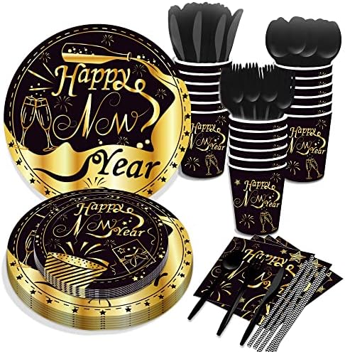 Sretna ponuda za jednogodišnje za jednogodišnje, 141 kom Sretna novogodišnja potrepština za zabavu 2023 uključuju novogodišnje party ploče i salvete, šalice, kašike, nož za nož kašika za 2023 Novogodišnje dobačere za večeru