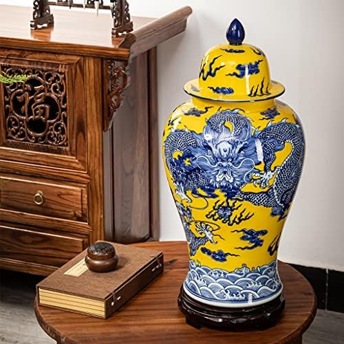 Fotoev Jingdezhen keramički žuti dno plavi i bijeli zmaj uzorak đumbir jar sa poklopcem, ukras za kućni dekor