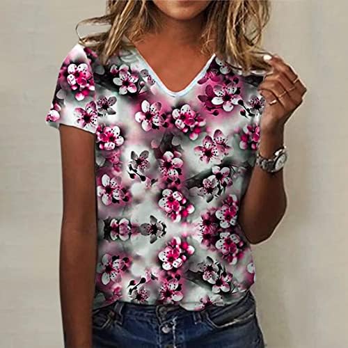Ljeto Ženski kratki rukav V izrez cvjetni tiskani TOP THIRTS CHIrts Casual Majice Tee Tunika Žene Ljetne majice za žene