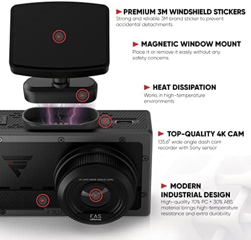 FAS ALLIANCE UPGRADED F701 Dash Cam uključuje besplatnu 128g SD karticu, 4K prednjih 3840x2160 UHD, ugrađeni GPS, 135,6 ° Cleant ANGLE