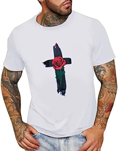 XXBR muške majice kratkih rukava, Isus Cross Rose Print CrewNeck Osnovna majica Casual Labavi trening Tee The