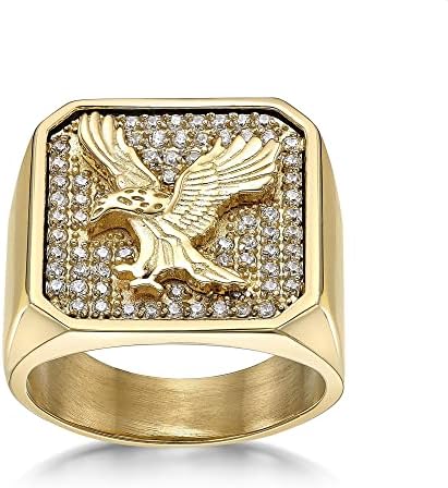 Metro nakit Eagle pečatni prsten za muškarce od nerđajućeg čelika sa Jonom od žutog zlata i belim kubnim cirkonijumom-Veličina 8 do
