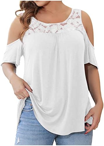 Crewneck čipke majice za djevojke Jesen Ljeto kratak 1/2 rukava hladno rame plus veličine obični vrhovi tee ženske odjeće