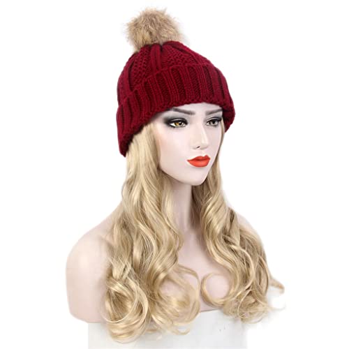 KLKKK Moda Evropska i američka Ženska kapa za kosu crvena pletena kapa perika duga kovrčava Zlatna perika i šešir