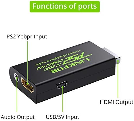 LinkFOR PS2 u HDMI Converter sa 3FT HDMI kabelom za Sony PlayStation 2 PS2 do HDMI adaptera sa 3,5 mm slušalica za slušalice za HDTV