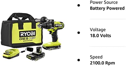 RYOBI jedan+ HP 18v bez četkica Cordless 1/2 u. Čekić Drill Kit sa 2.0 Ah baterije, punjač, i torba